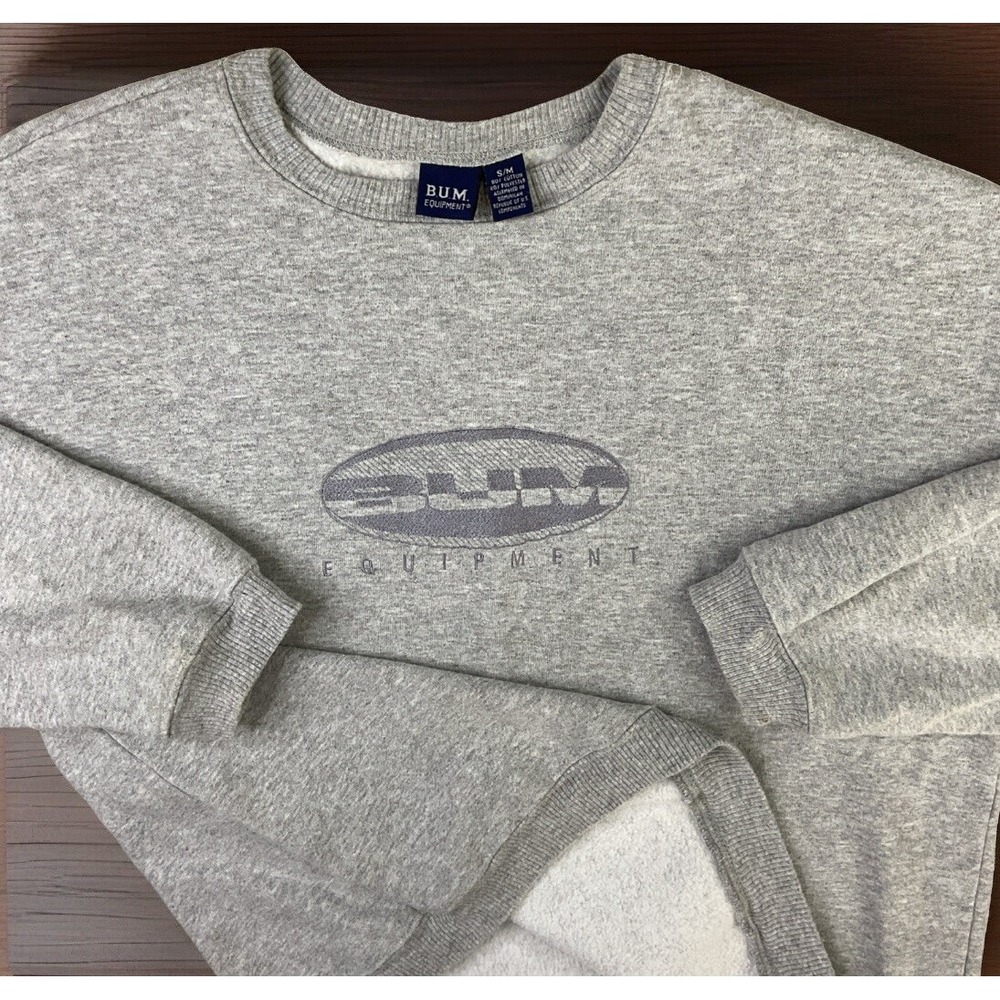 BUM Equipment Womens S Heather Grey Logo‎ Crewneck Fleece Sweatshirt 90s Vintage